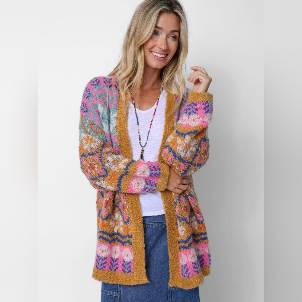 Natural Life brand - Calla Jacquard Cardigan Sweater in Cottage Daisies Gold - Picture 2 of 4